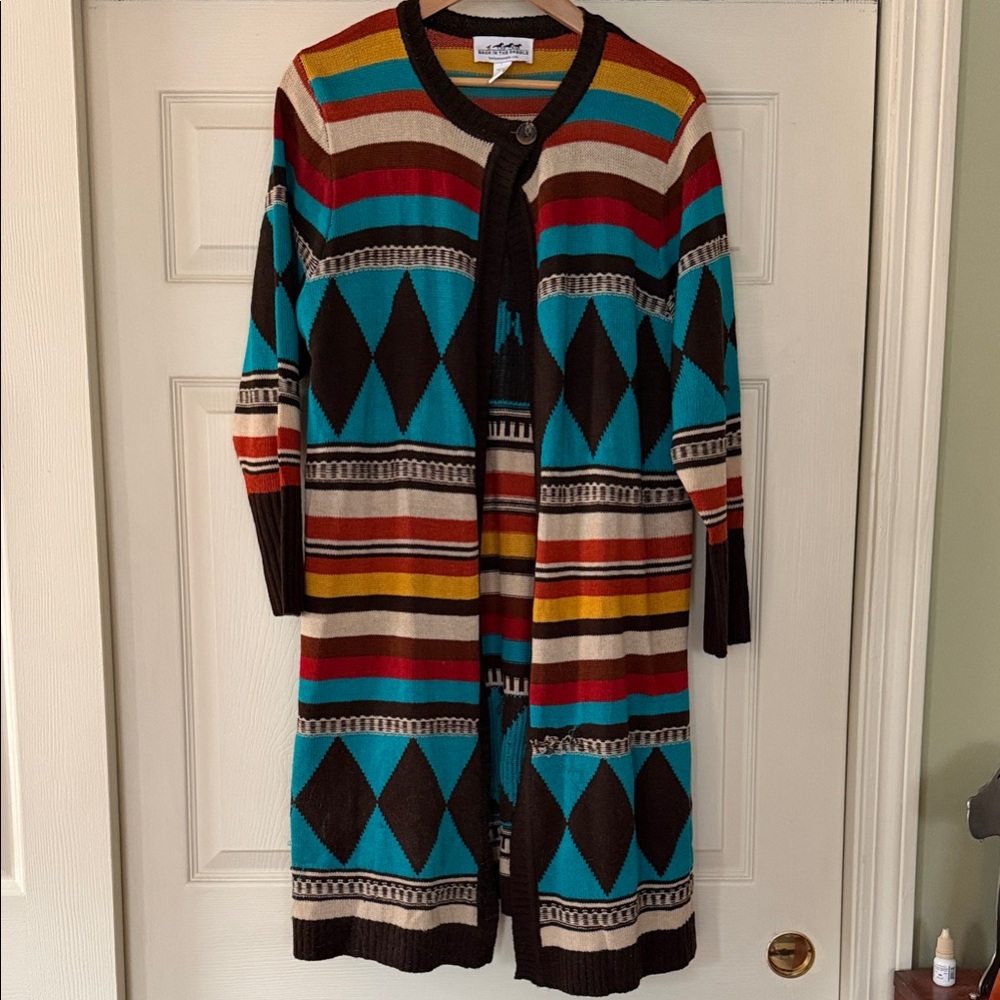 Long Striped & Diamond Knit Cardigan Sweater - Turquoise Multi